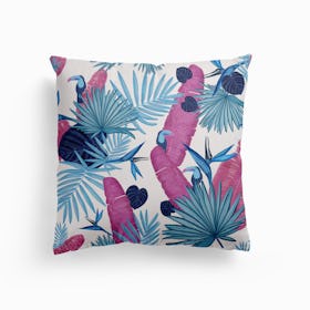 Nostalgic Vacations Hand Drawn Pink Blue Colored Palm, Toucan And Tropical Leaves Pattern Canvas Cushion