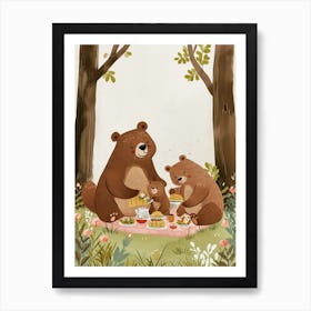 Brown Bear Family Picnicking In The Woods Storybook Illustration 1 Art Print