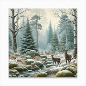 Deer In The Woods, Acrylic Painting Style Canvas Print